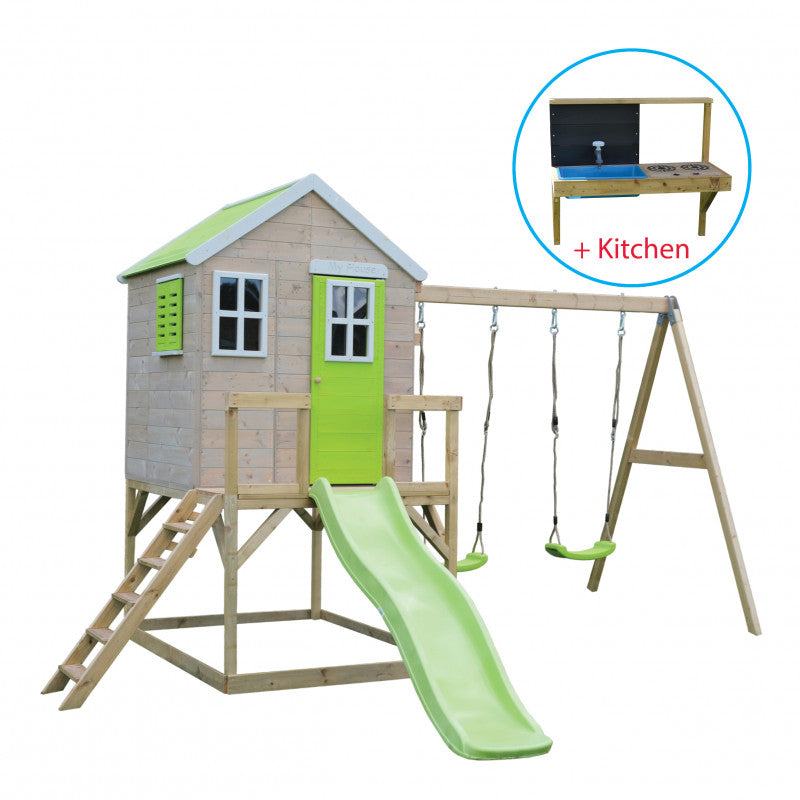 Casuta de gradina Lime Lodge cu platforma, tobogan si leagan dublu (M28L), Wendi Toys